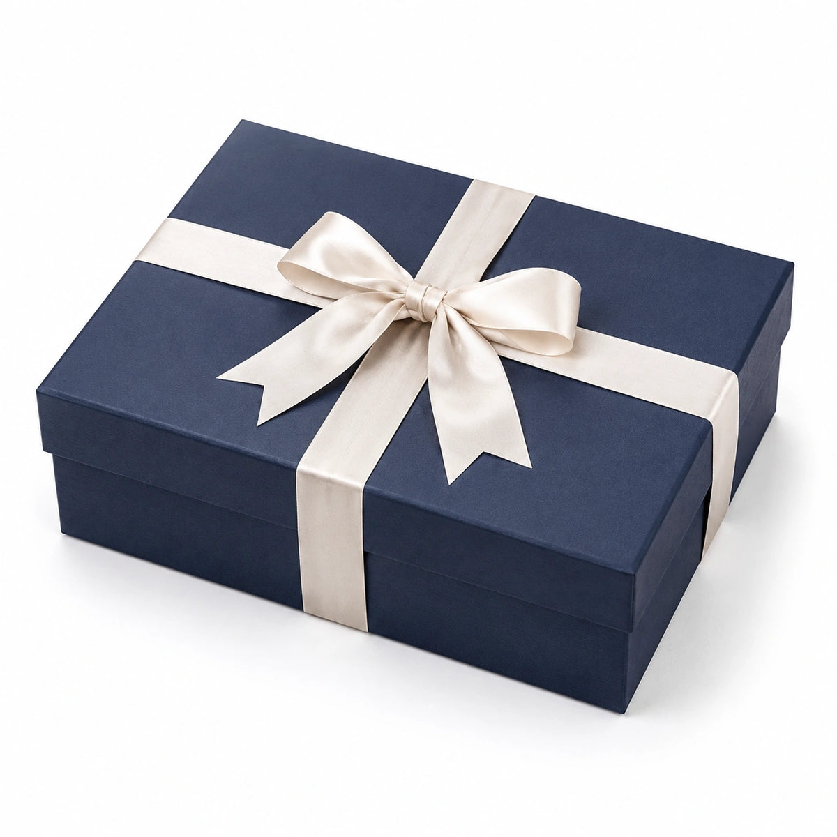 Geschenkbox 30 x 22 x 8 cm aus Karton in Dunkelblau/Creme für Geschenkverpackung mit Schleifenverschluss