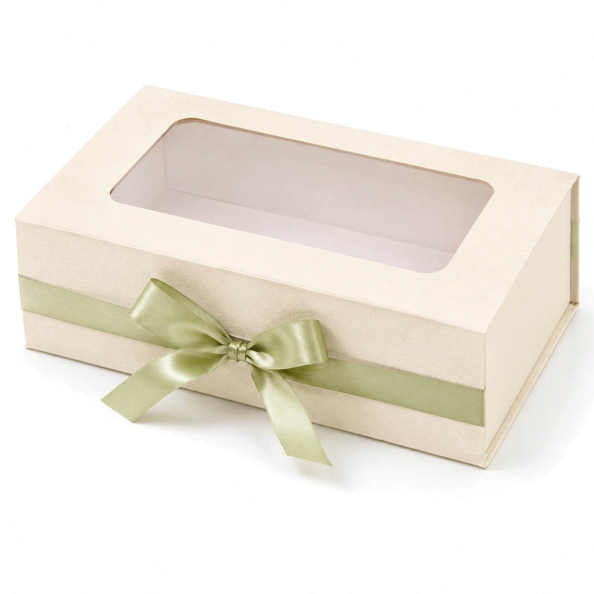 Geschenkbox 30 cm Karton Elfenbein Salbeigrün mit Sichtfenster dekorativ