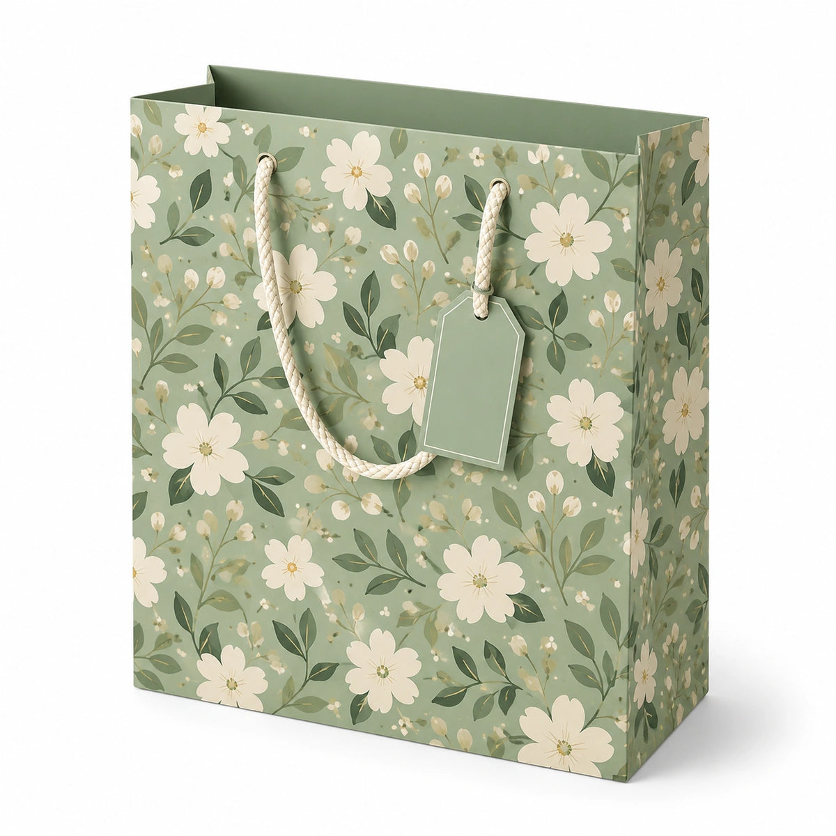 Geschenktüte 32 x 12 x 26 cm Papier Grün mit Blumenmuster Kordelhenkel offen