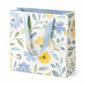 Geschenktüte 26 x 12 x 32 cm aus Papier Weiß Hellblau Gelb mit Blumenmuster und Tragegriffen