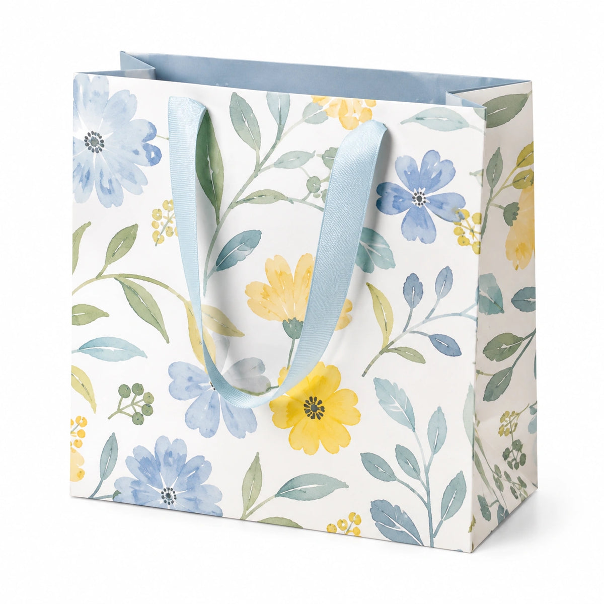 Geschenktüte 26 x 12 x 32 cm aus Papier Weiß Hellblau Gelb mit Blumenmuster und Tragegriffen