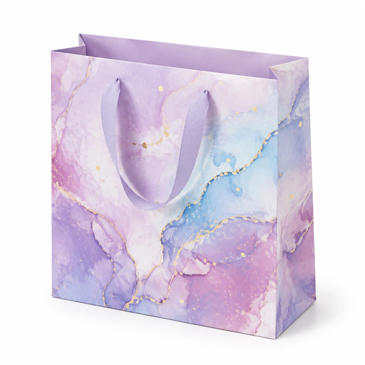 Geschenktüte 26 x 12 x 32 cm aus Papier in Lila Blau mit Marmoroptik und Tragegriffen