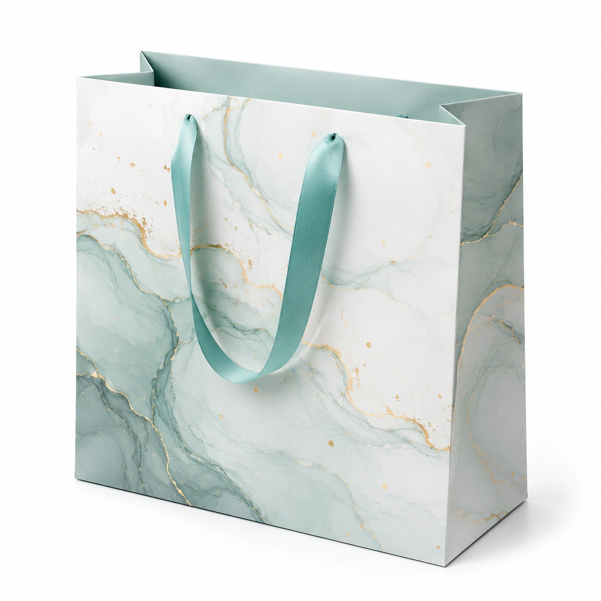 Geschenktüte 32 x 12 x 26 cm aus Papier in Weiß Mintgrün mit Marmoroptik und Satinbandgriffen