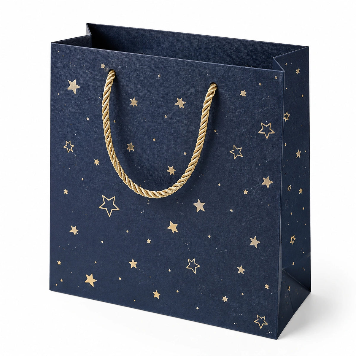 Geschenktüte 26 x 12 x 32 cm aus Papier dunkelblau gold mit Kordelgriffen Sternmuster