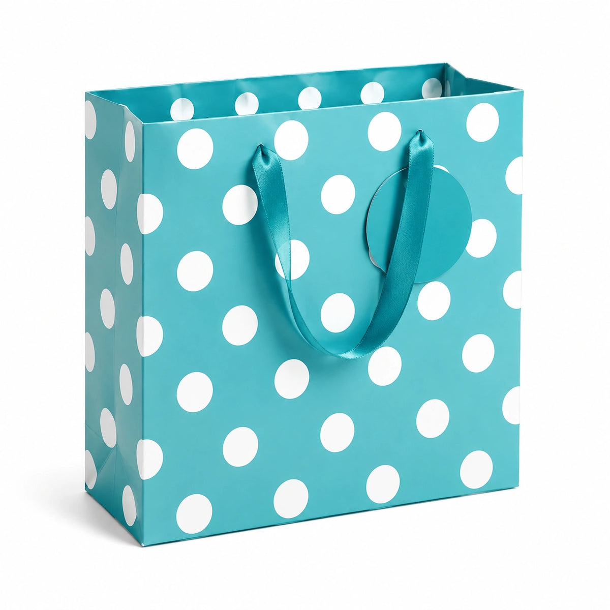 Geschenktüte 26 x 12 x 32 cm aus Papier in Türkis Weiß mit Punkten und Satinhenkeln