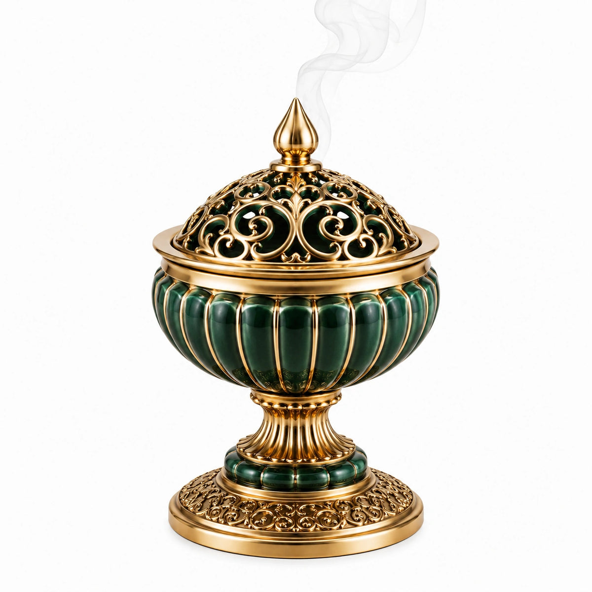 Räuchergefäß Ø 14 cm Höhe 18 cm aus Keramik und Metall in Grün Gold mit durchbrochenem Dekor