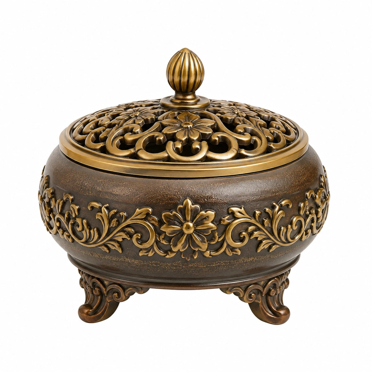 Räuchergefäß 18 cm Metall Braun Gold mit durchbrochenem Deckel im floralen Stil