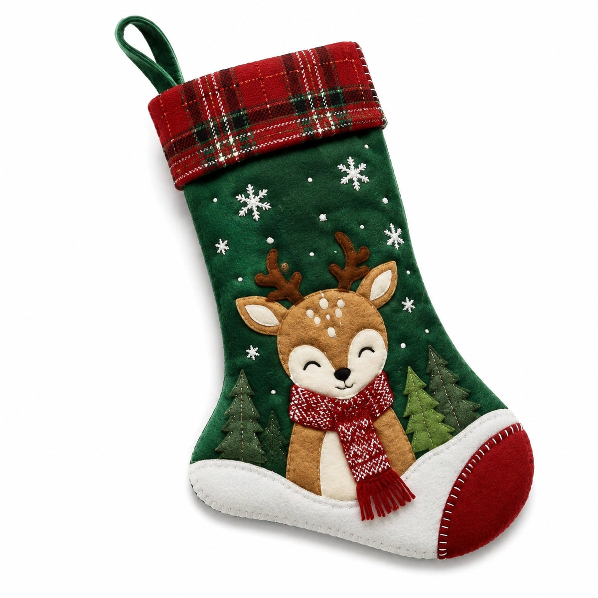 Weihnachtsstrumpf 45 x 27 cm aus Filz Grün Rot mit Rentiermotiv zum Aufhängen
