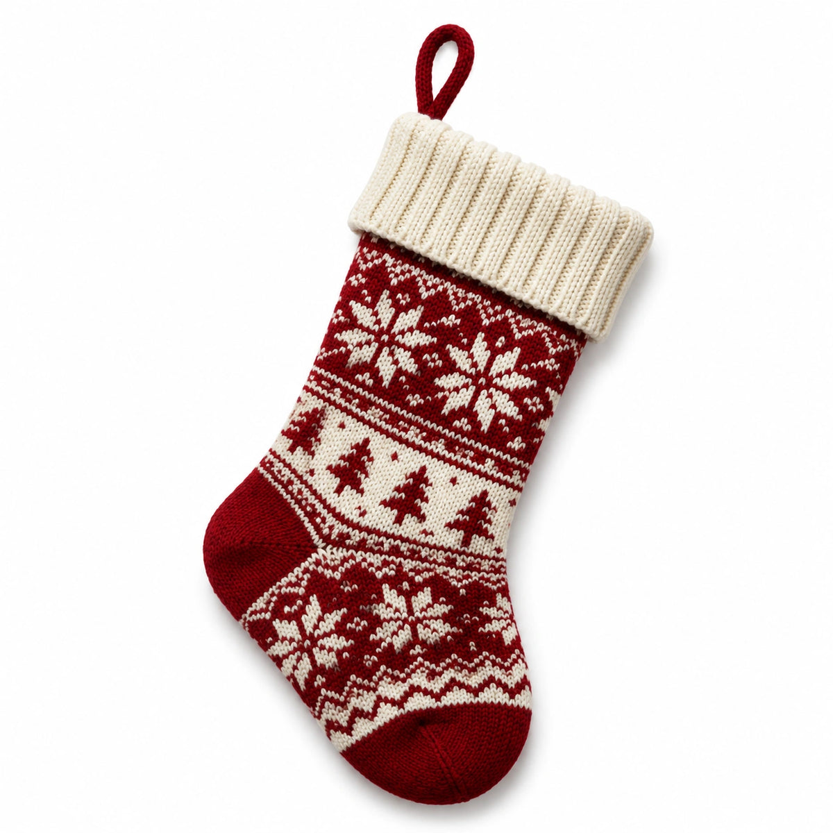 Weihnachtsstrumpf 45 cm aus Stricktextil Rot Creme mit Aufhängeschlaufe im Norwegermuster