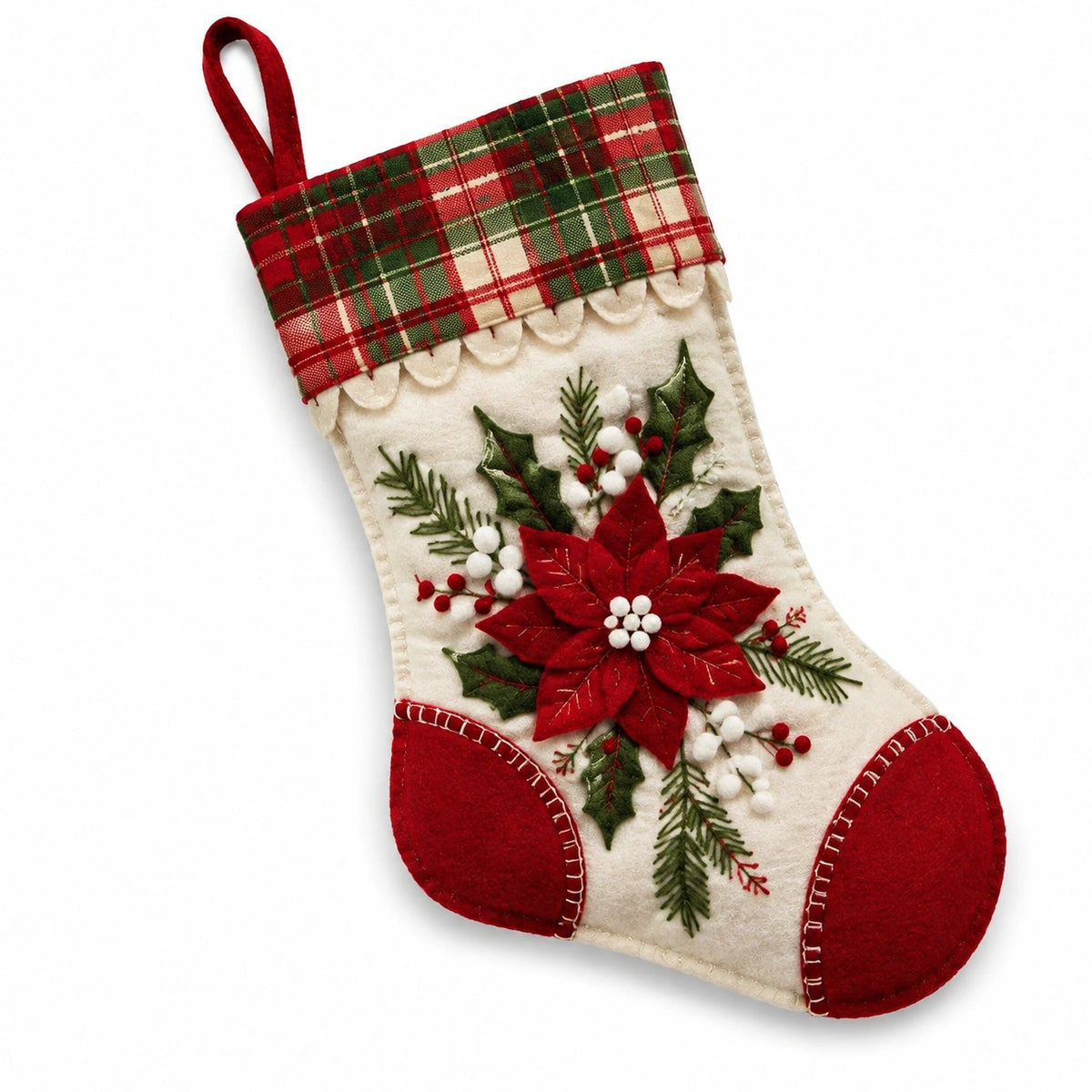 Weihnachtsstrumpf 45 cm aus Filz in Rot Grün Creme mit Blumenmotiv zum Aufhängen