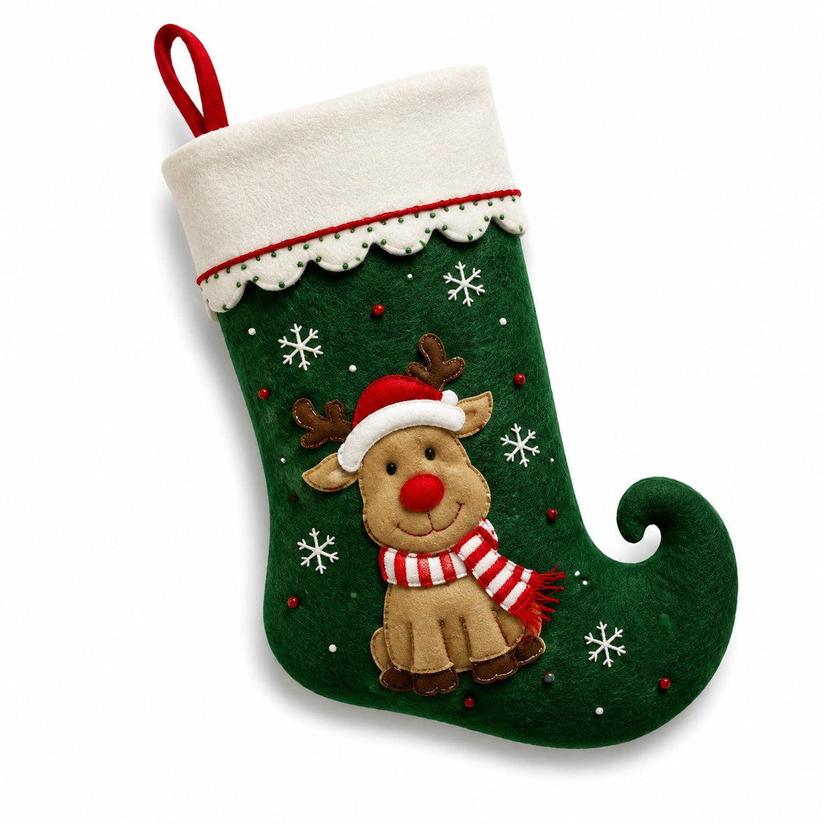Weihnachtsstrumpf 45 cm aus Filz Grün mit Rentiermotiv zum Aufhängen