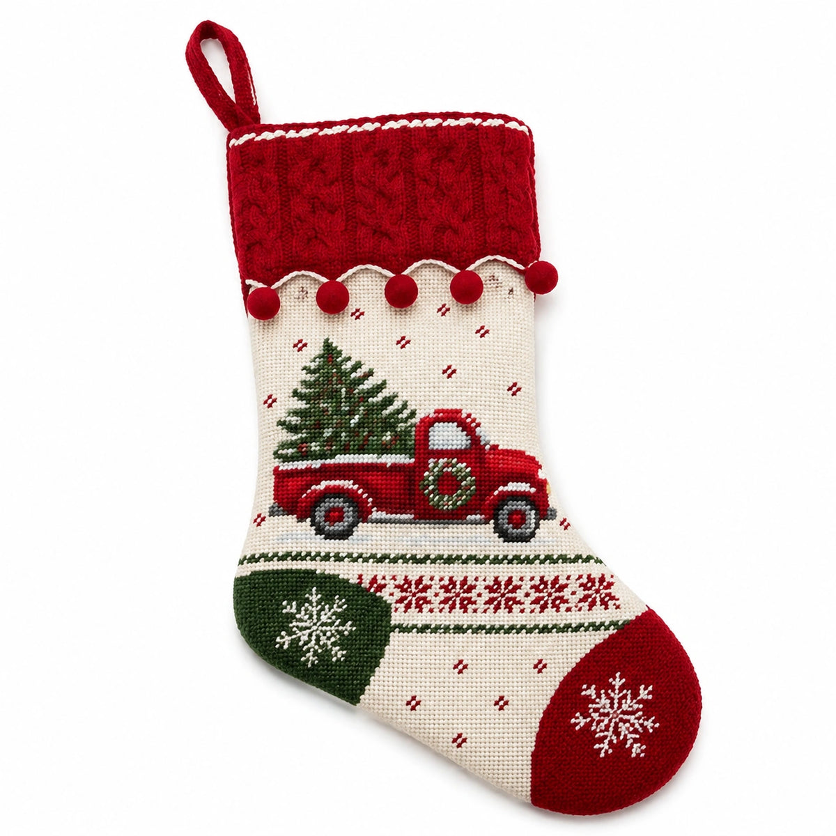 Weihnachtsstrumpf 45 x 28 cm Textil Rot Creme Grün gestrickt mit Aufhängeschlaufe